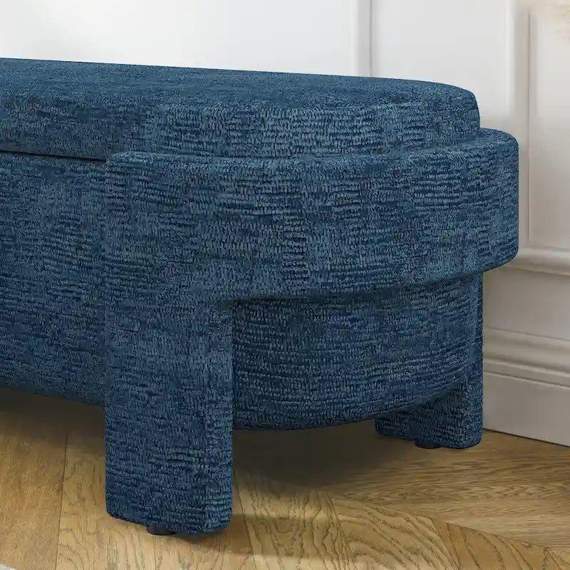 Banc de rangement ovale rembourré avec grand espace de rangement, repose-pieds en lin pour chambre ou salon