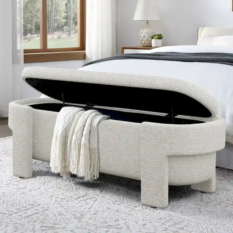 Banc de rangement ovale rembourré avec grand espace de rangement, repose-pieds en lin pour chambre ou salon