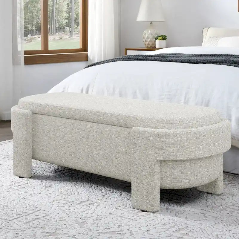 Banc de rangement ovale rembourré avec grand espace de rangement, repose-pieds en lin pour chambre ou salon