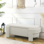 Banc de rangement ovale rembourré avec grand espace de rangement, repose-pieds en lin pour chambre ou salon