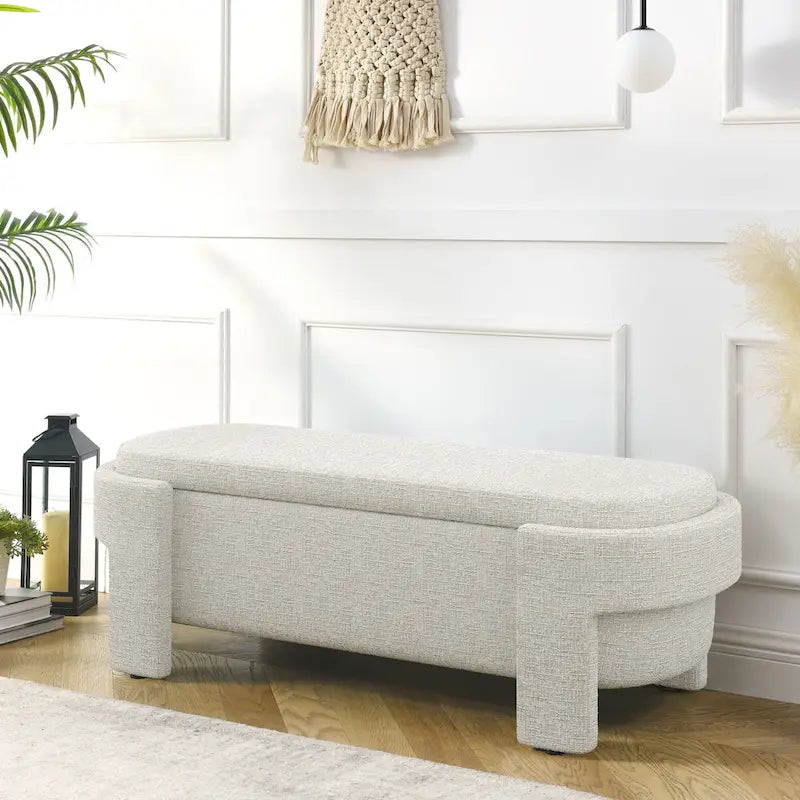 Banc de rangement ovale rembourré avec grand espace de rangement, repose-pieds en lin pour chambre ou salon
