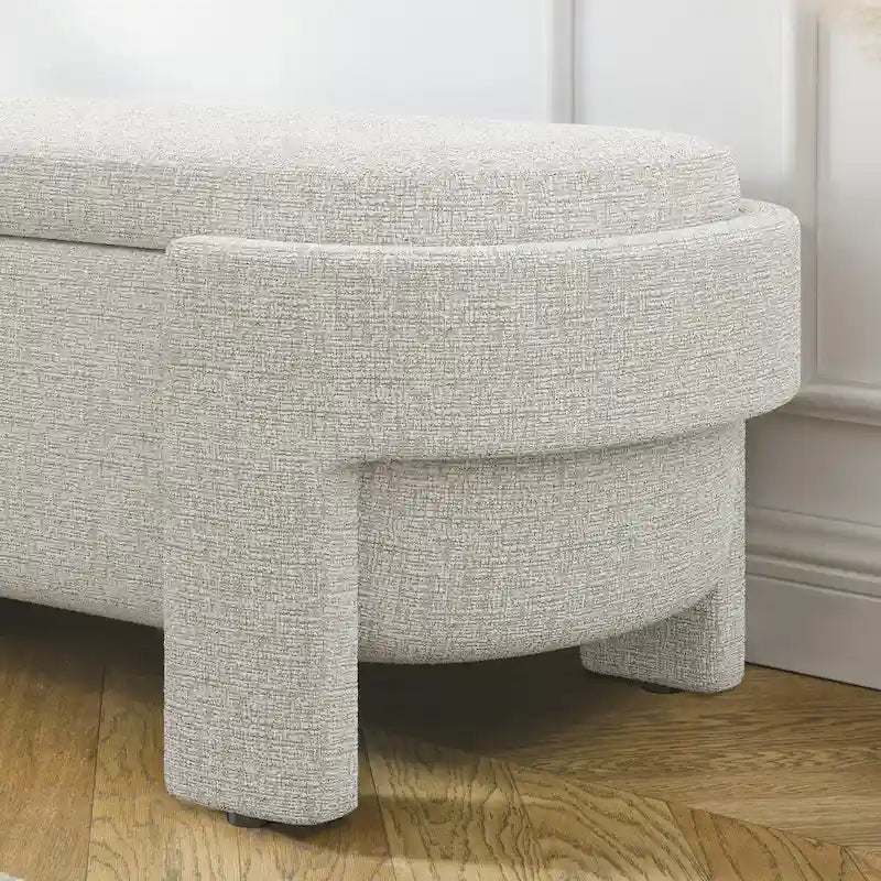 Banc de rangement ovale rembourré avec grand espace de rangement, repose-pieds en lin pour chambre ou salon