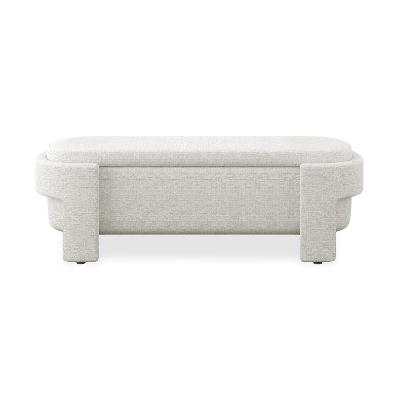 Banc de rangement ovale rembourré avec grand espace de rangement, repose-pieds en lin pour chambre ou salon