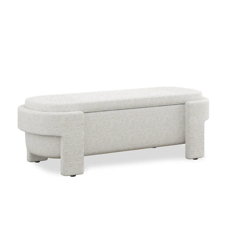 Banc de rangement ovale rembourré avec grand espace de rangement, repose-pieds en lin pour chambre ou salon