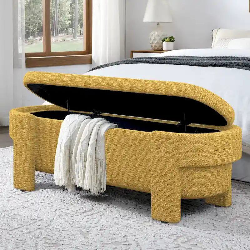 Banc de rangement ovale rembourré avec grand espace de rangement, repose-pieds en lin pour chambre ou salon