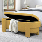 Banc de rangement ovale rembourré avec grand espace de rangement, repose-pieds en lin pour chambre ou salon