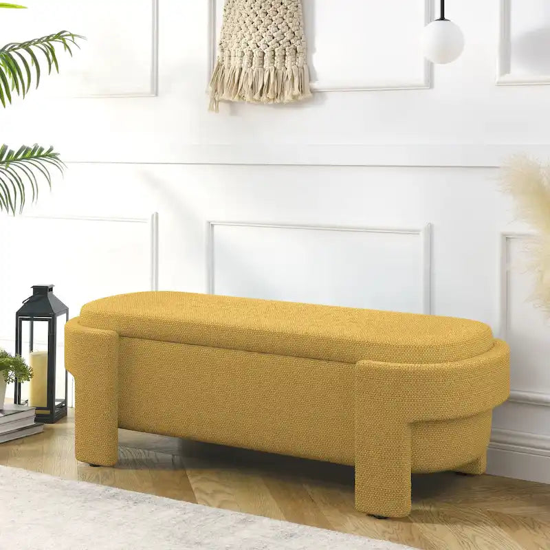 Banc de rangement ovale rembourré avec grand espace de rangement, repose-pieds en lin pour chambre ou salon