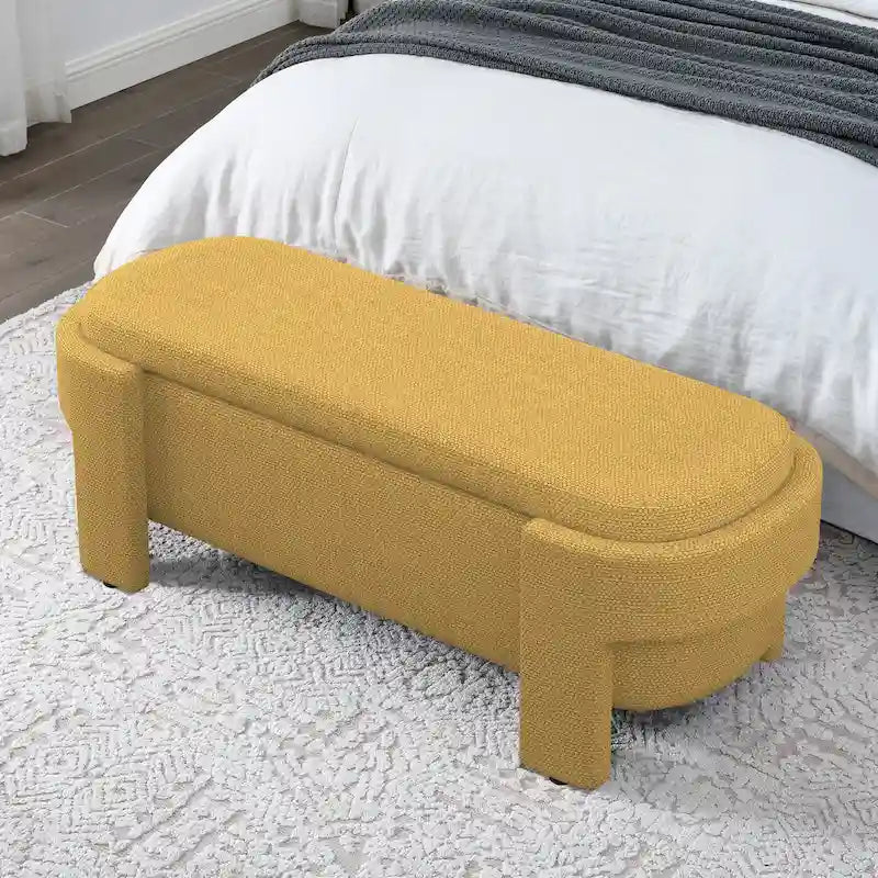 Banc de rangement ovale rembourré avec grand espace de rangement, repose-pieds en lin pour chambre ou salon