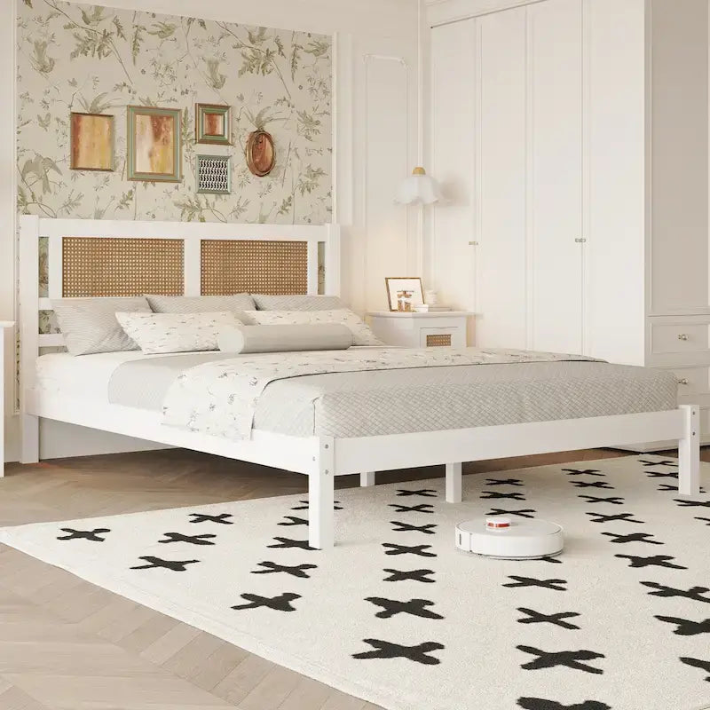Cadre de lit avec tête de lit en rotin creux naturel, lit plateforme en bois, lit à lattes en bois pour chambre à coucher