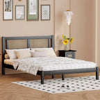 Natural Hollow Rattan Headboard Bed Frame, Wood Platform Bed, Wooden Slat Support Panel Bed for Bedroom