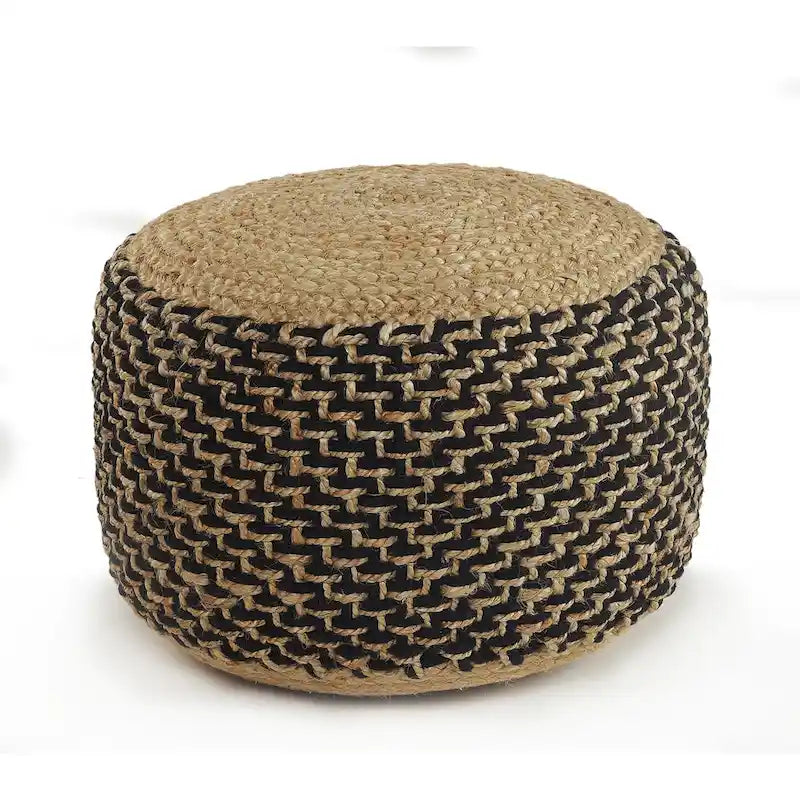 18 Brown and Black Braided Round Pouf Ottoman