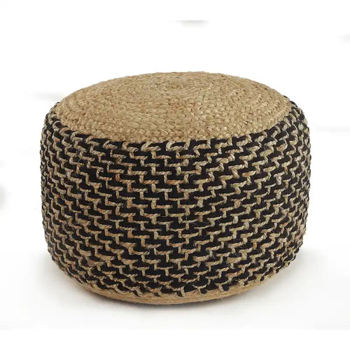 18 Brown and Black Braided Round Pouf Ottoman