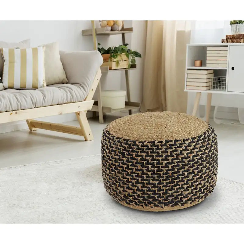 Pouf ottoman rond tressé marron et noir, 18 pouces