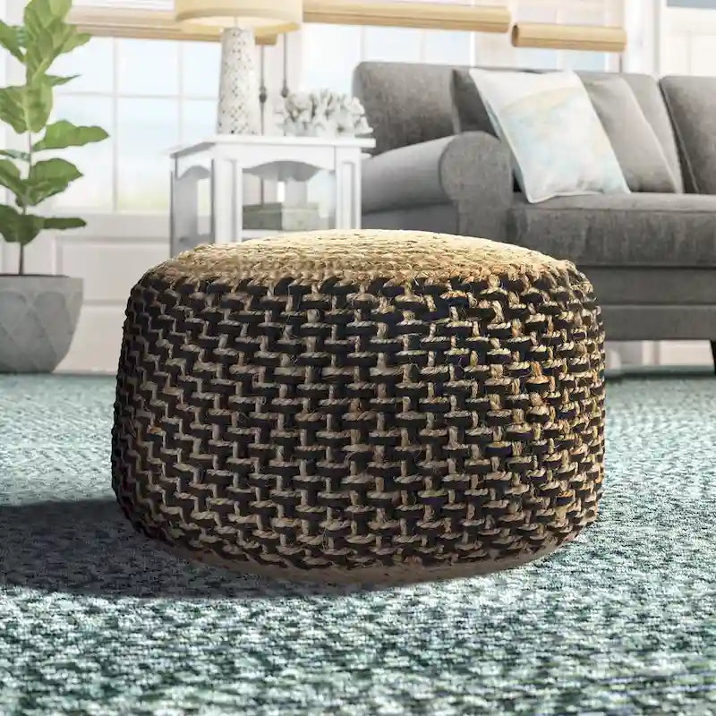 Pouf ottoman rond tressé marron et noir, 18 pouces