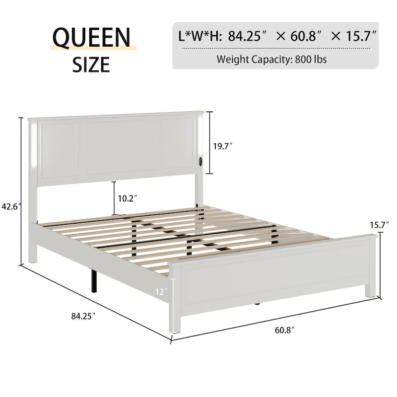 Lit plateforme LED Queen Size avec tête de lit en bois et station de recharge