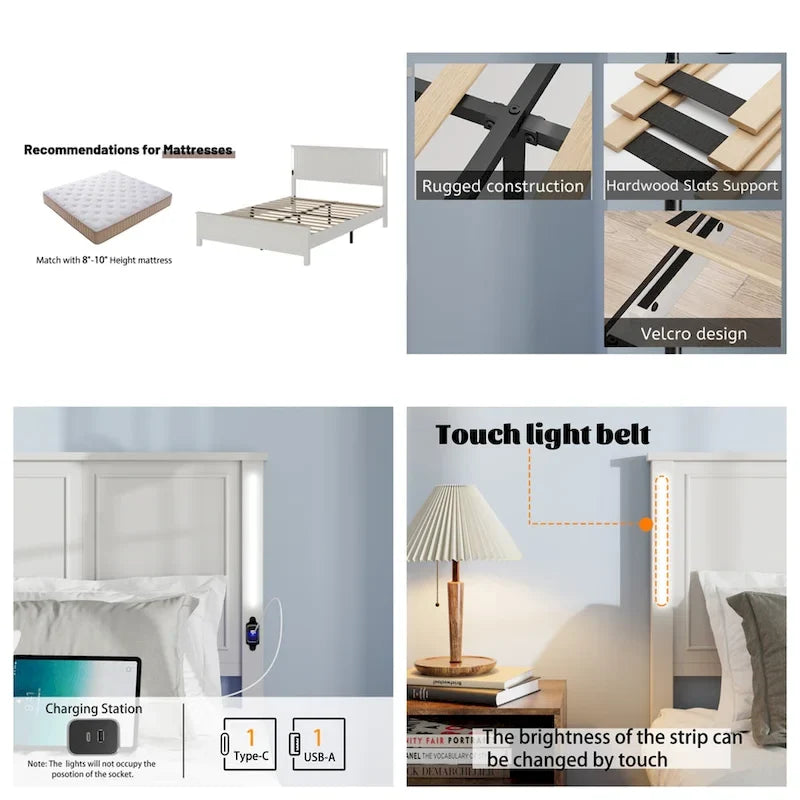 Lit plateforme LED Queen Size avec tête de lit en bois et station de recharge