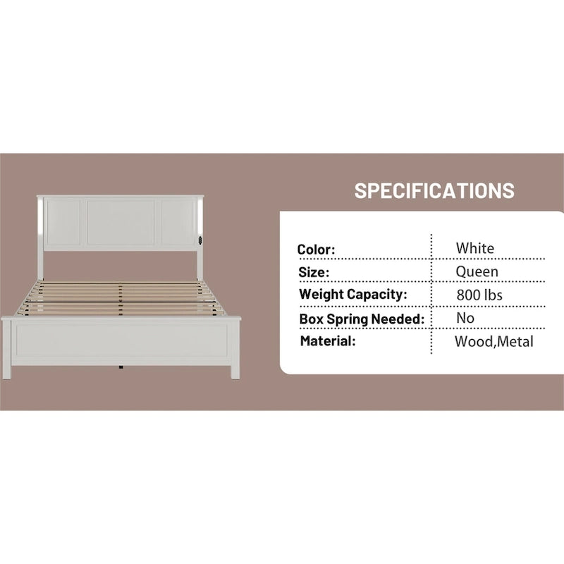 Lit plateforme LED Queen Size avec tête de lit en bois et station de recharge