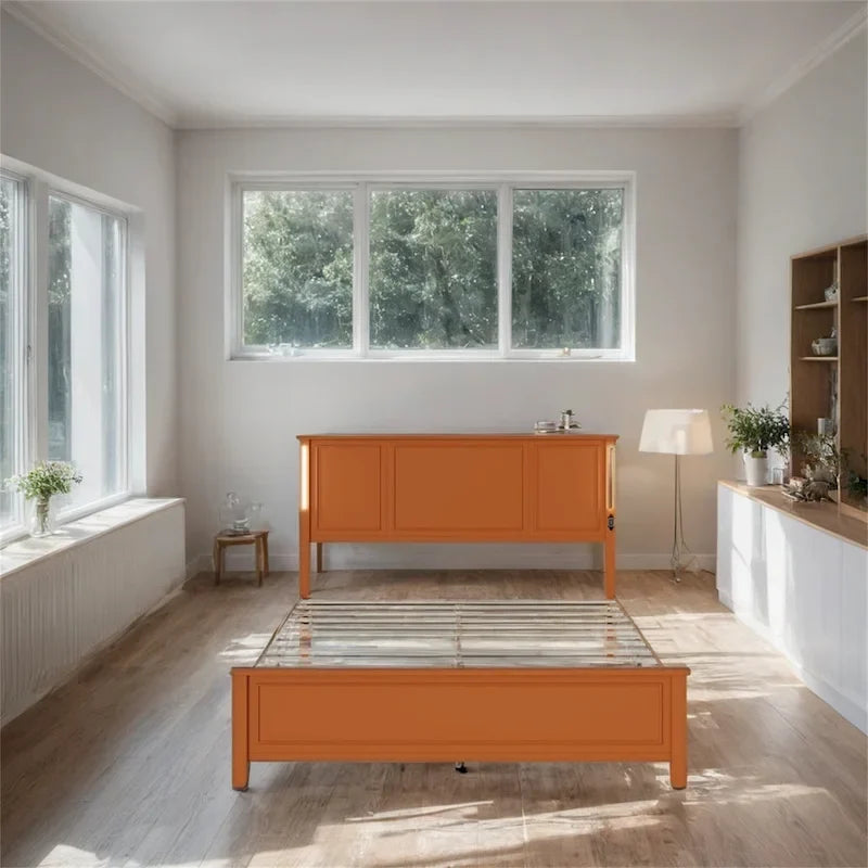 Lit plateforme LED Queen Size avec tête de lit en bois et station de recharge