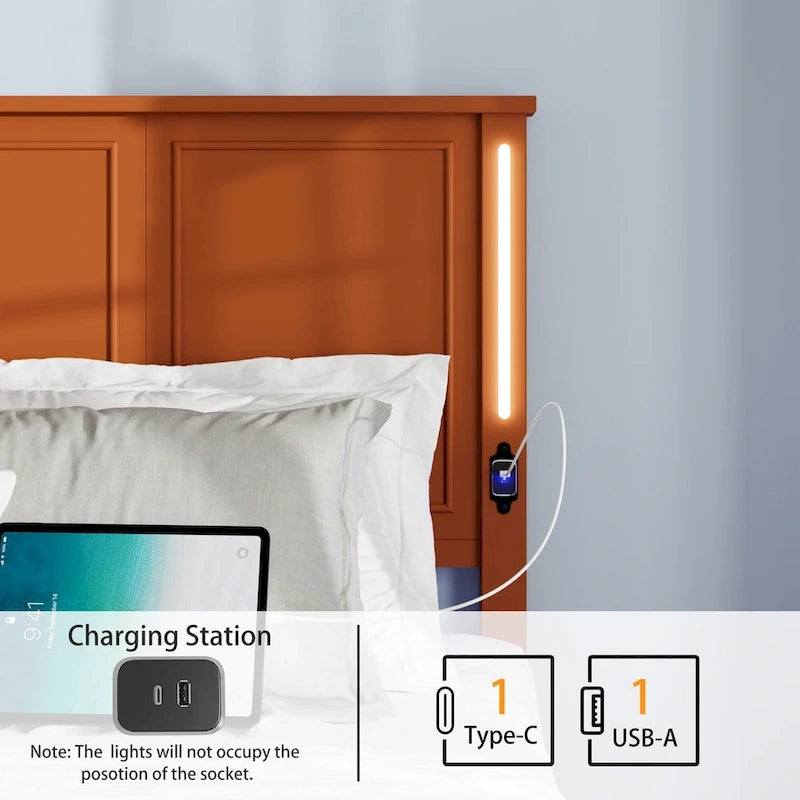 Lit plateforme LED Queen Size avec tête de lit en bois et station de recharge