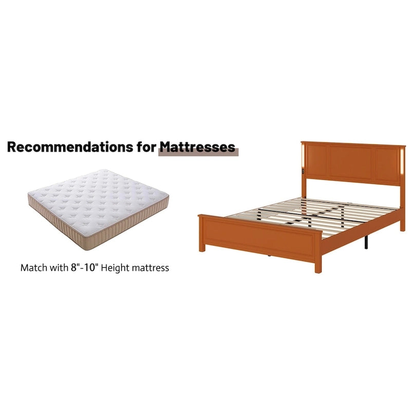 Lit plateforme LED Queen Size avec tête de lit en bois et station de recharge