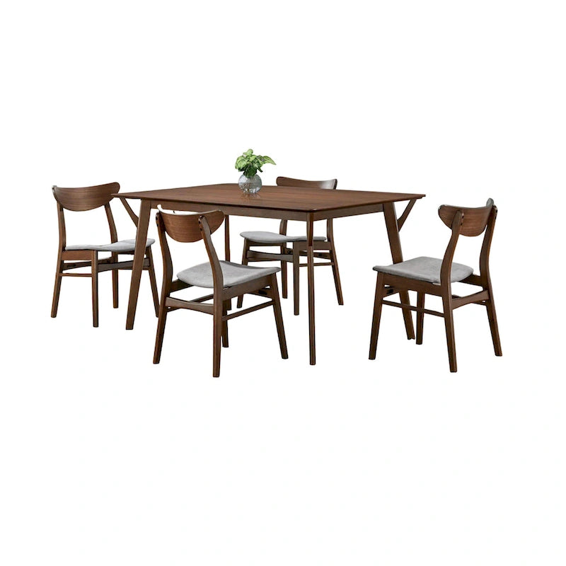 Skie 5pc Dining Table Set, 4 Chairs, Rectangular, Brown Solid Wood, Gray