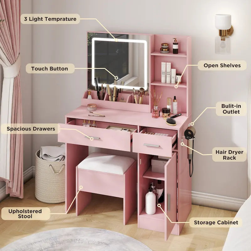 Roundhill Furniture Lavin Makeup Vanity Set, LED Light Mirror and Charging Station