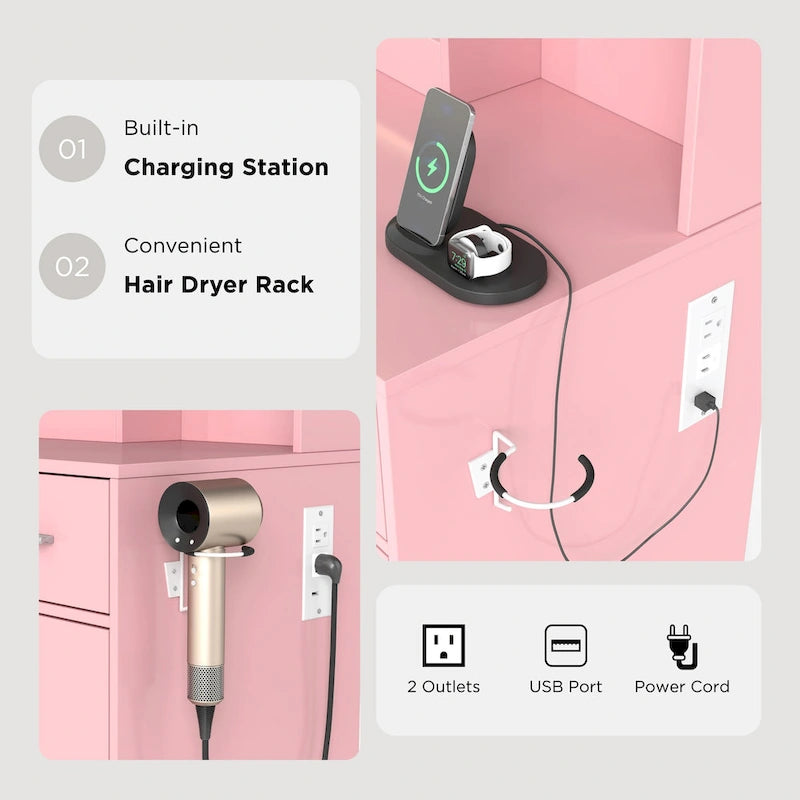 Ensemble coiffeuse Lavin de Roundhill Furniture, miroir lumineux LED et station de recharge