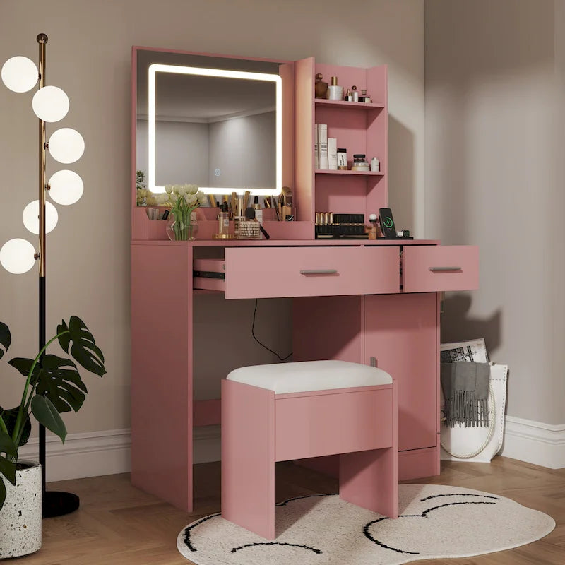Ensemble coiffeuse Lavin de Roundhill Furniture, miroir lumineux LED et station de recharge