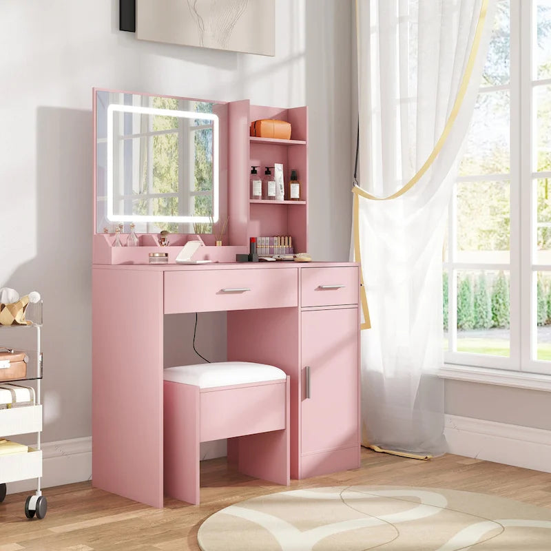 Ensemble coiffeuse Lavin de Roundhill Furniture, miroir lumineux LED et station de recharge