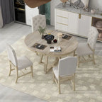 5 Piece Extendable Round Dining Table Set, Wooden Kitchen Furniture Set with Removable Leaf and 4 Upholstered Chairs