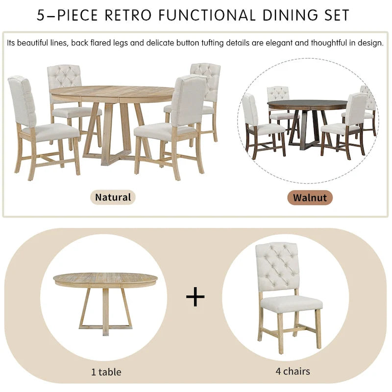 Ensemble de salle à manger rond extensible 5 pièces, ensemble de meubles de cuisine en bois avec rallonge amovible et 4 chaises rembourrées