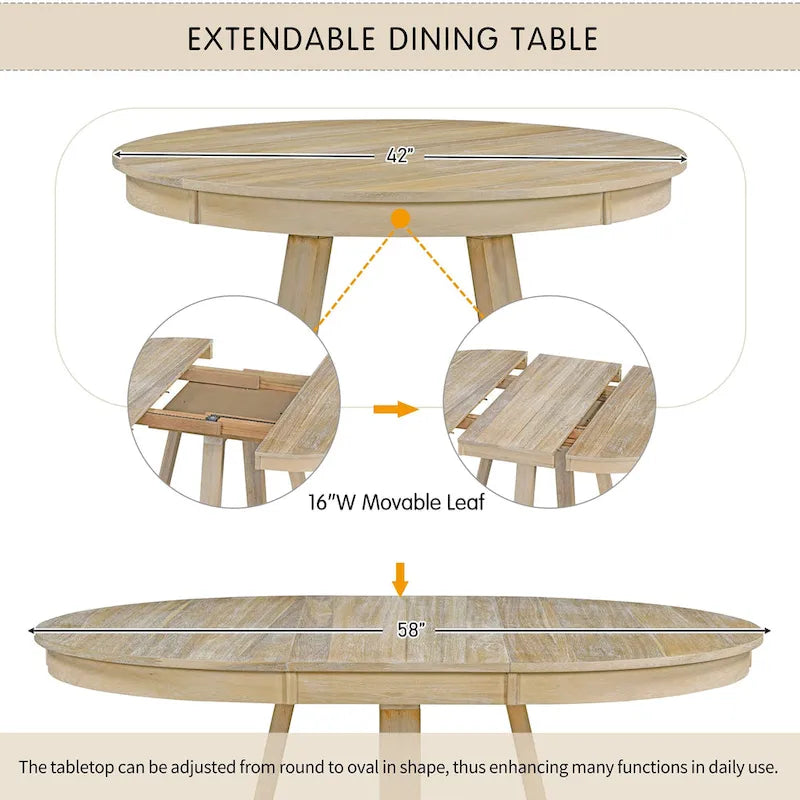 Ensemble de salle à manger rond extensible 5 pièces, ensemble de meubles de cuisine en bois avec rallonge amovible et 4 chaises rembourrées