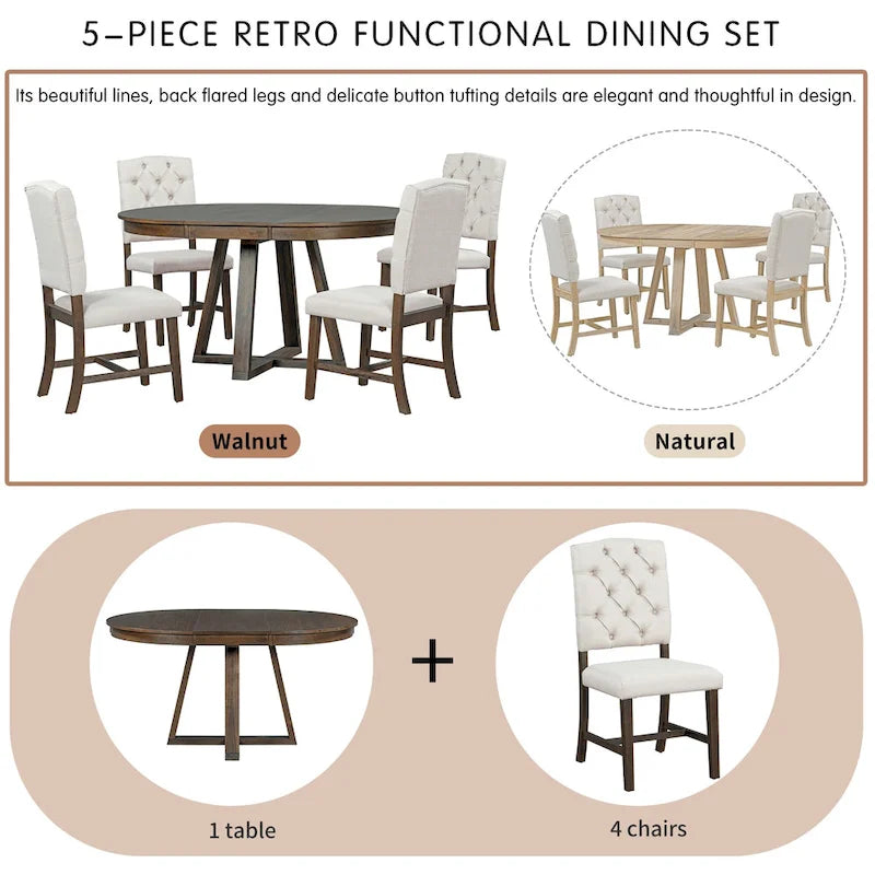 Ensemble de salle à manger rond extensible 5 pièces, ensemble de meubles de cuisine en bois avec rallonge amovible et 4 chaises rembourrées