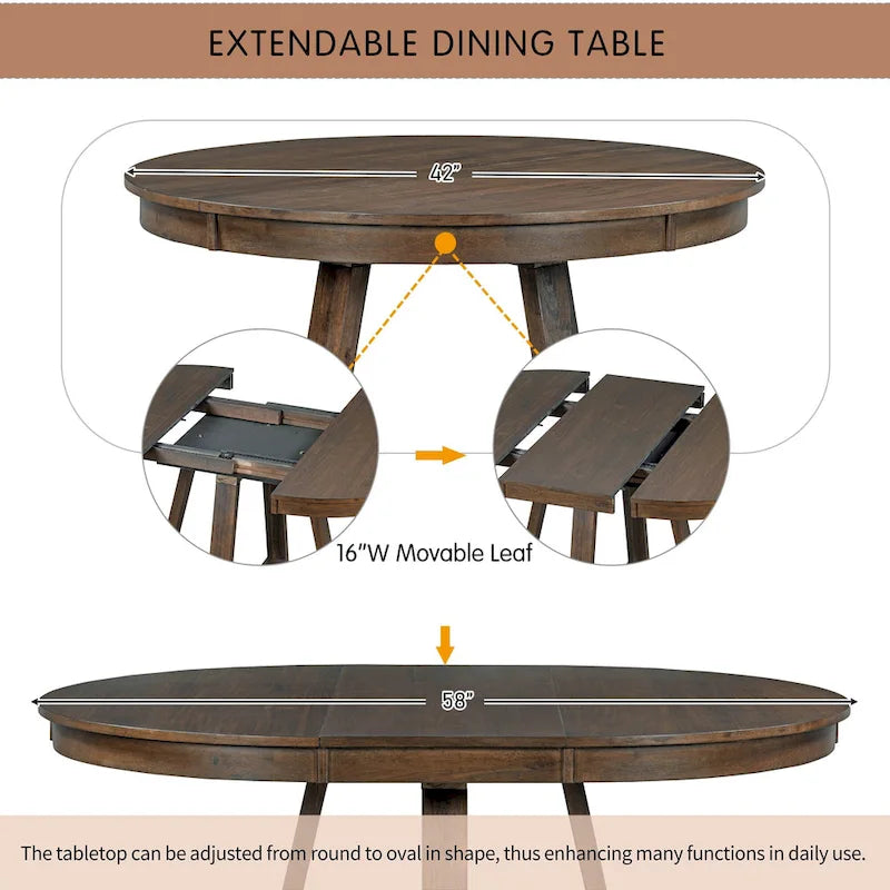 Ensemble de salle à manger rond extensible 5 pièces, ensemble de meubles de cuisine en bois avec rallonge amovible et 4 chaises rembourrées