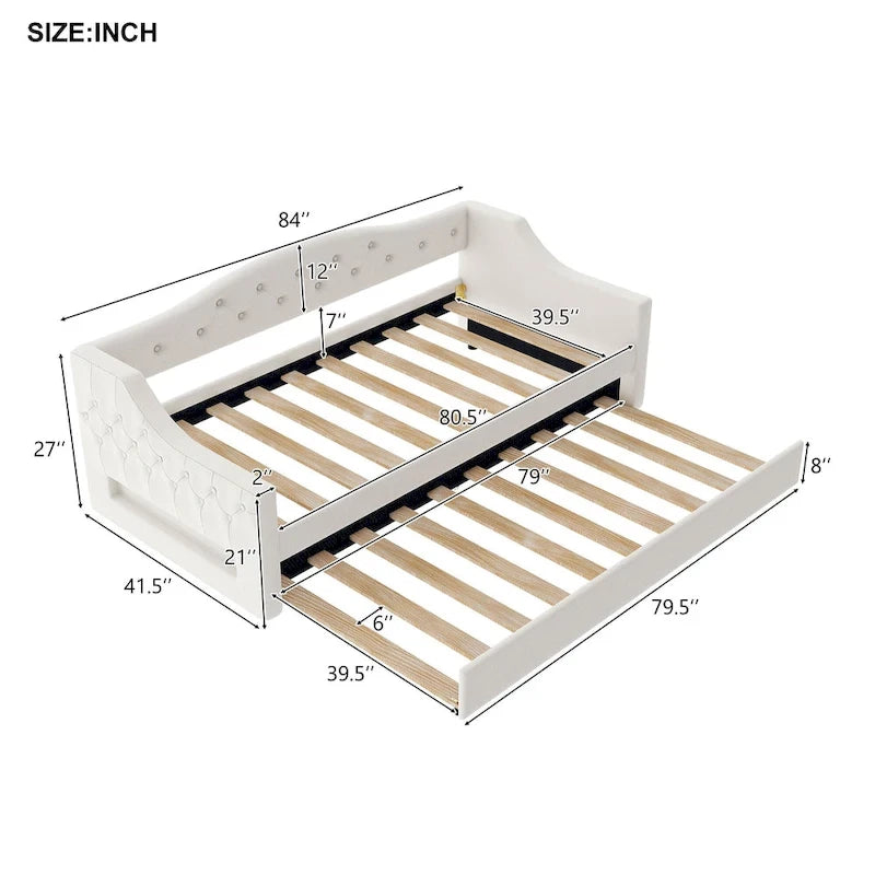 Lit de jour rembourré pour lit simple XL avec ceinture LED et lit gigogne, 213 cm (L) x 105 cm (l) x 69 cm (H)
