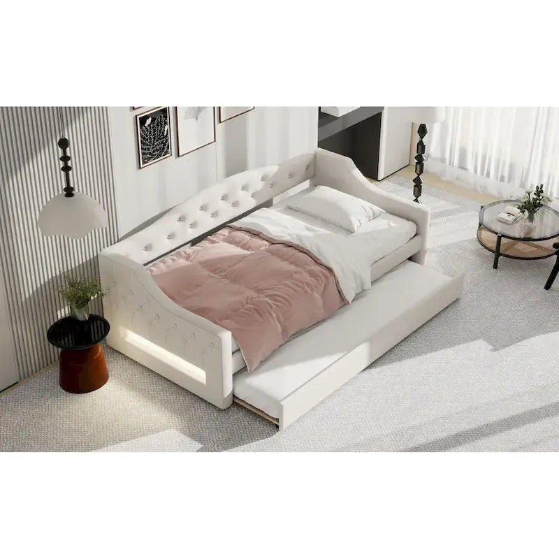 Lit de jour rembourré pour lit simple XL avec ceinture LED et lit gigogne, 213 cm (L) x 105 cm (l) x 69 cm (H)