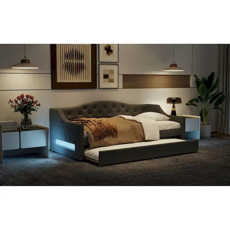 Lit de jour rembourré pour lit simple XL avec ceinture LED et lit gigogne, 213 cm (L) x 105 cm (l) x 69 cm (H)