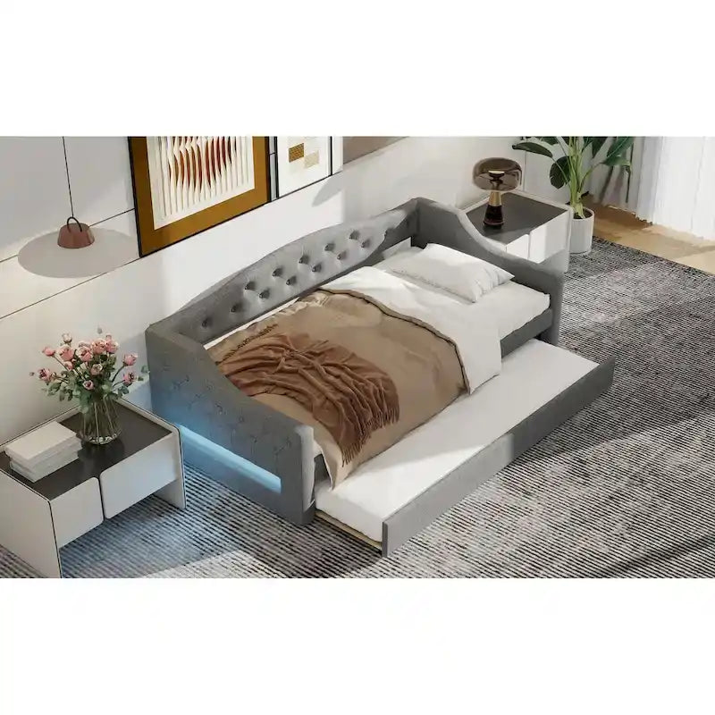 Lit de jour rembourré pour lit simple XL avec ceinture LED et lit gigogne, 213 cm (L) x 105 cm (l) x 69 cm (H)