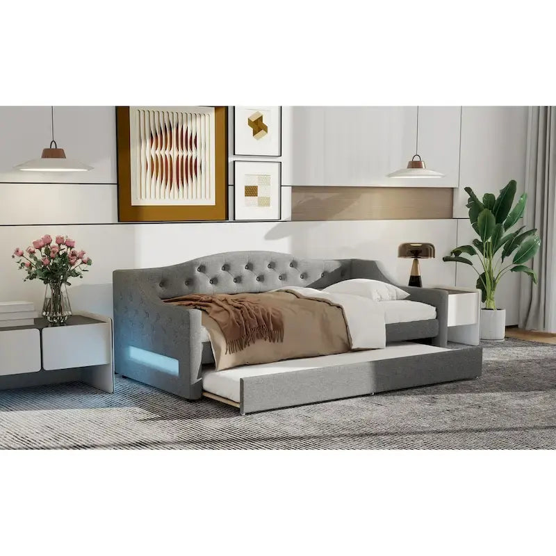 Lit de jour rembourré pour lit simple XL avec ceinture LED et lit gigogne, 213 cm (L) x 105 cm (l) x 69 cm (H)
