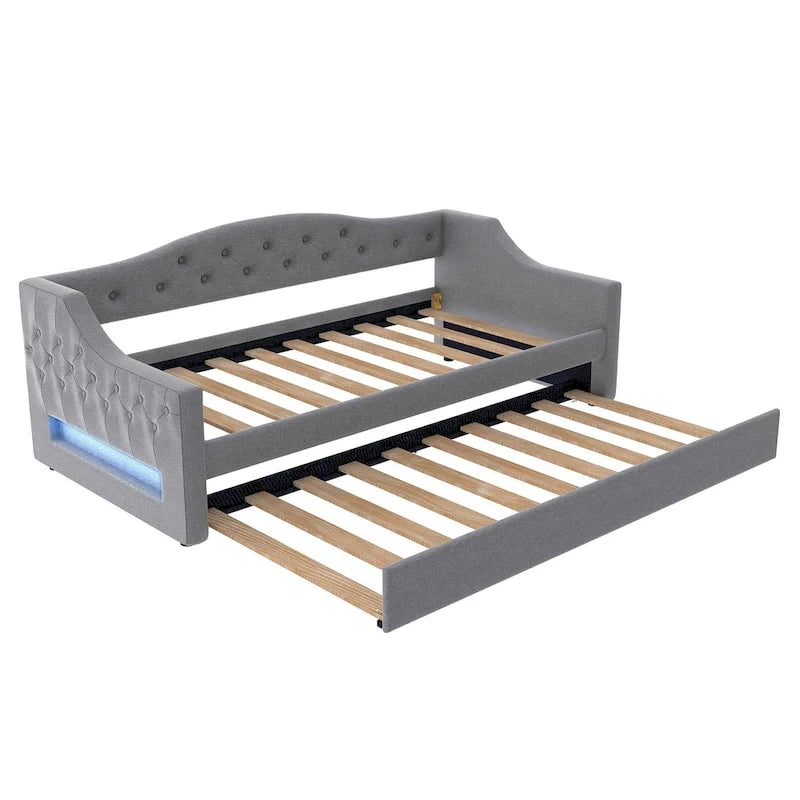 Lit de jour rembourré pour lit simple XL avec ceinture LED et lit gigogne, 213 cm (L) x 105 cm (l) x 69 cm (H)