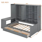 Lit de jour en bois avec bibliothèque intégrée, lit capitaine, armoire de rangement, penderie, bureau latéral et 3 tiroirs inférieurs