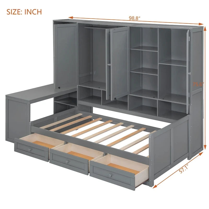 Lit de jour en bois avec bibliothèque intégrée, lit capitaine, armoire de rangement, penderie, bureau latéral et 3 tiroirs inférieurs