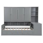 Lit de jour en bois avec bibliothèque intégrée, lit capitaine, armoire de rangement, penderie, bureau latéral et 3 tiroirs inférieurs