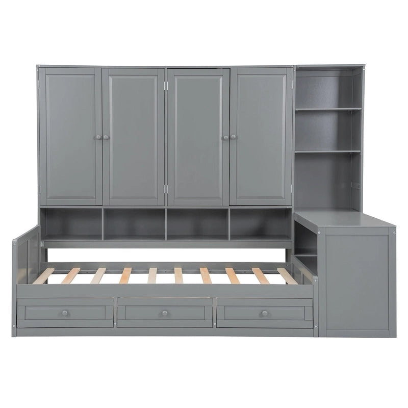 Lit de jour en bois avec bibliothèque intégrée, lit capitaine, armoire de rangement, penderie, bureau latéral et 3 tiroirs inférieurs