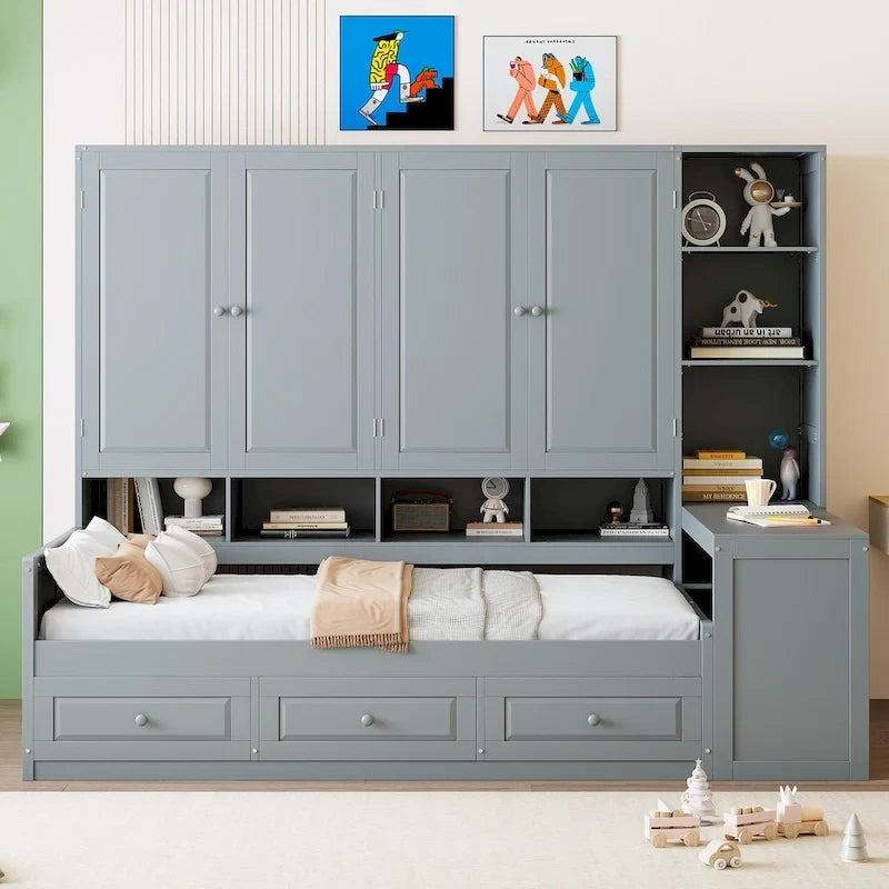 Lit de jour en bois avec bibliothèque intégrée, lit capitaine, armoire de rangement, penderie, bureau latéral et 3 tiroirs inférieurs