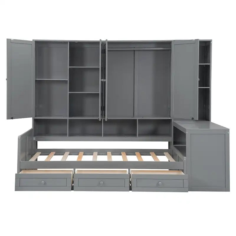 Lit de jour en bois avec bibliothèque intégrée, lit capitaine, armoire de rangement, penderie, bureau latéral et 3 tiroirs inférieurs