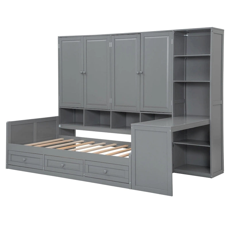 Lit de jour en bois avec bibliothèque intégrée, lit capitaine, armoire de rangement, penderie, bureau latéral et 3 tiroirs inférieurs