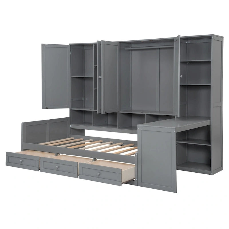 Lit de jour en bois avec bibliothèque intégrée, lit capitaine, armoire de rangement, penderie, bureau latéral et 3 tiroirs inférieurs