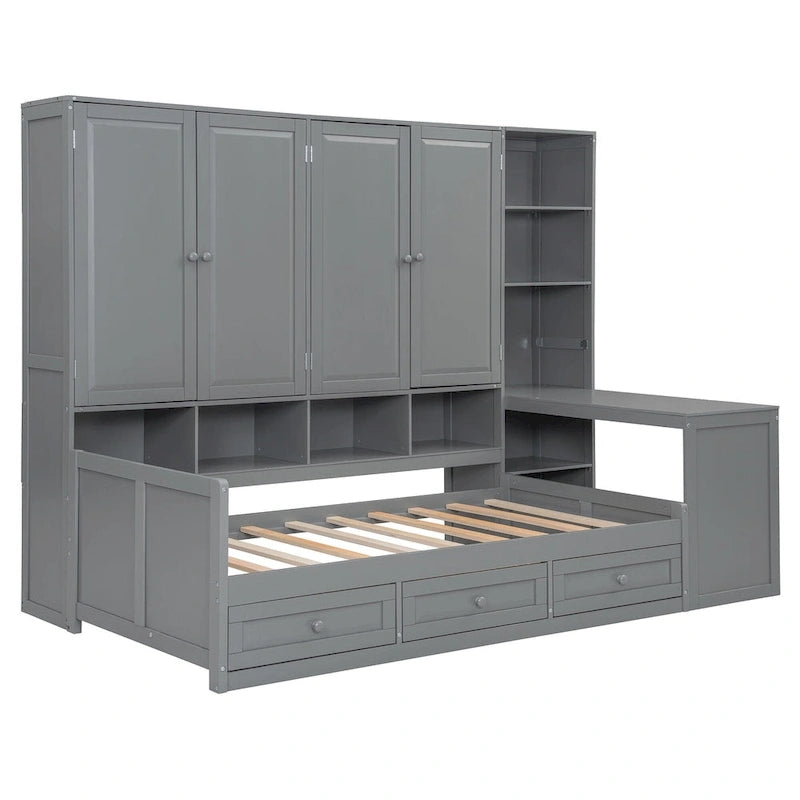 Lit de jour en bois avec bibliothèque intégrée, lit capitaine, armoire de rangement, penderie, bureau latéral et 3 tiroirs inférieurs