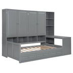 Lit de jour en bois avec bibliothèque intégrée, lit capitaine, armoire de rangement, penderie, bureau latéral et 3 tiroirs inférieurs